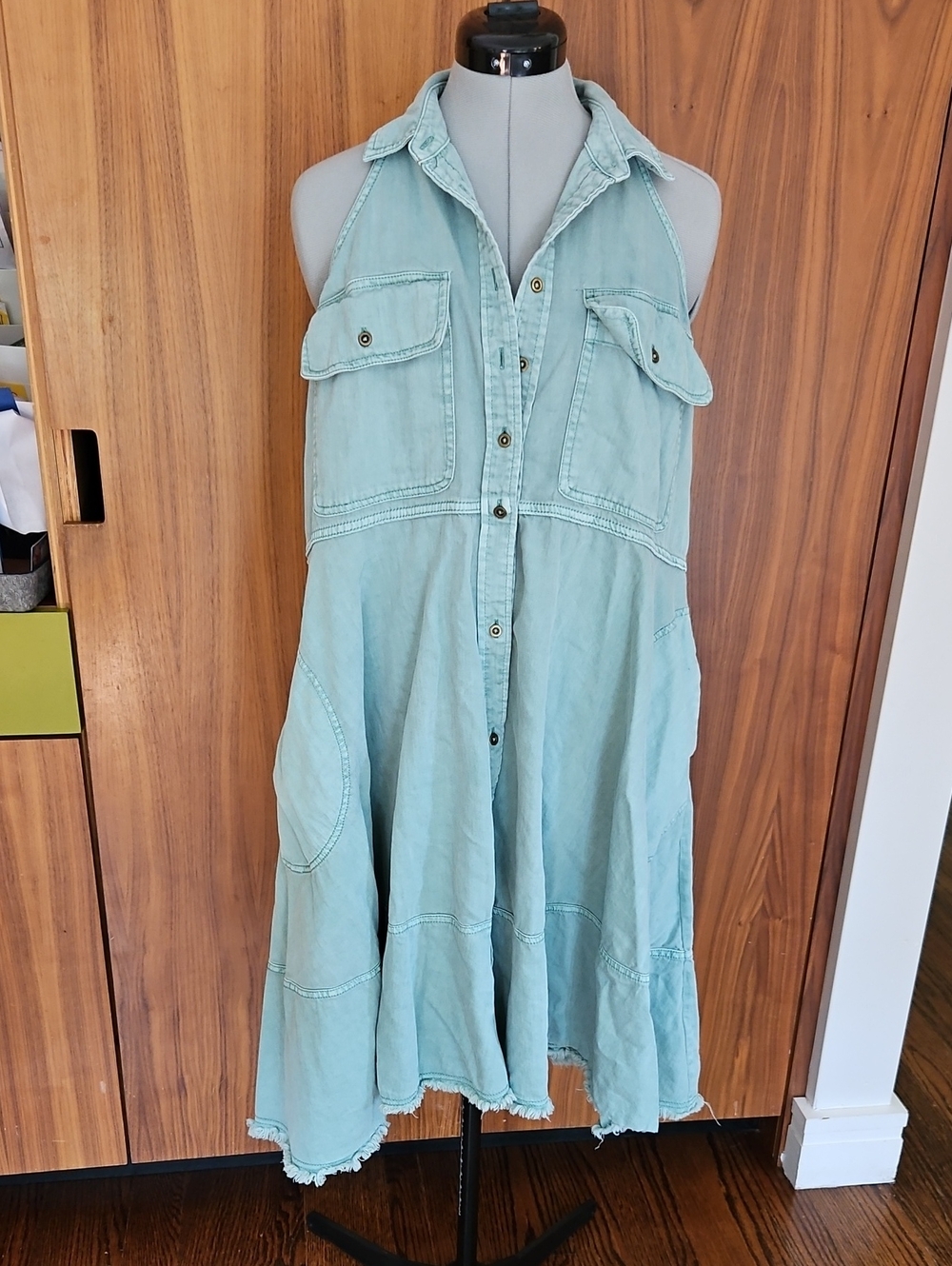 Anthropologie Pilcro Light Teal Button-Front Sleeveless Halter Dress